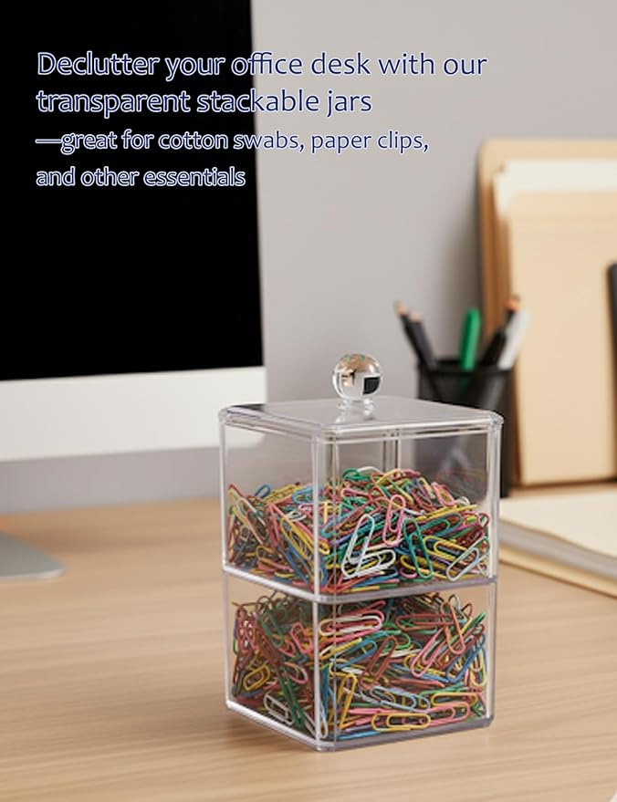 VIPTUVI Cotton Swab Holder with Clear Lid, Double Layer Stackable Apothecary Jar for Bathroom Vanity, Cotton Ball Container & Floss Pick Organizer, Dispenser for Hair Tie & Cotton Rounds.