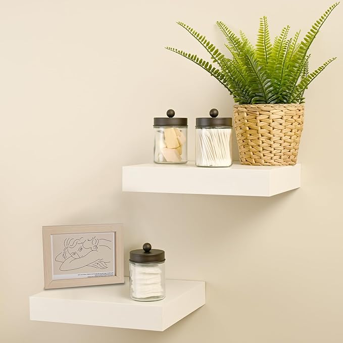 SheeChung Qtip Holder Dispenser for Bathroom Vanity Organizer and Farmhouse Decor - Stylish Glass Apothecary Jar with Stainless Steel Lid and Sticker,Bathroom Countertop Storage Canister(Bronze,3Pack)