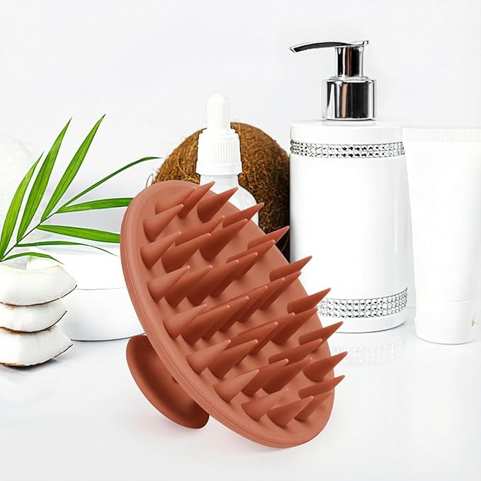 Meartchy Silicone Scalp Massager Shampoo Brush, Scalp Brush for Hair Growth & Dandruff Removal, Hair Scrubber Scalp Stimulator Exfoliator Brush with Soft Bristles for Wet Dry Scalp Care (Brown)
