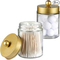 Amolliar Apothecary Jars Bathroom Storage Organizer -Countertop Storage Organizer Canister Jar - Cute Qtip Dispenser Holder Glass with Lid- for Cotton Swabs,Bath Salts,Hair Band / 2-Pack(Gold)