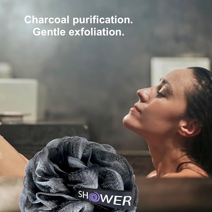 SHOWER BOUQUET Charcoal Back-Loofah-with-Handle & 2 Bath Sponge Puff Set