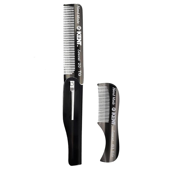Kent 20T Handmade Fine Tooth Folding Comb + 81T Hand Made Pocket Comb for Beard and Mustache - Beard Growth/Fine Tooth Combs - Beard Straightener Grooming Kit