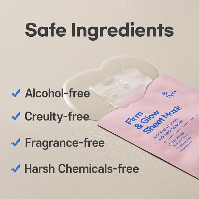 varuza Firm & Glow Sheet Mask with Vegan Collagen Semi-Gel Sheet Biodegradable 100% Cellulose for Anti-Aging Hydration Elasticity Peptide Complex-9 Niacinamide 5 Count