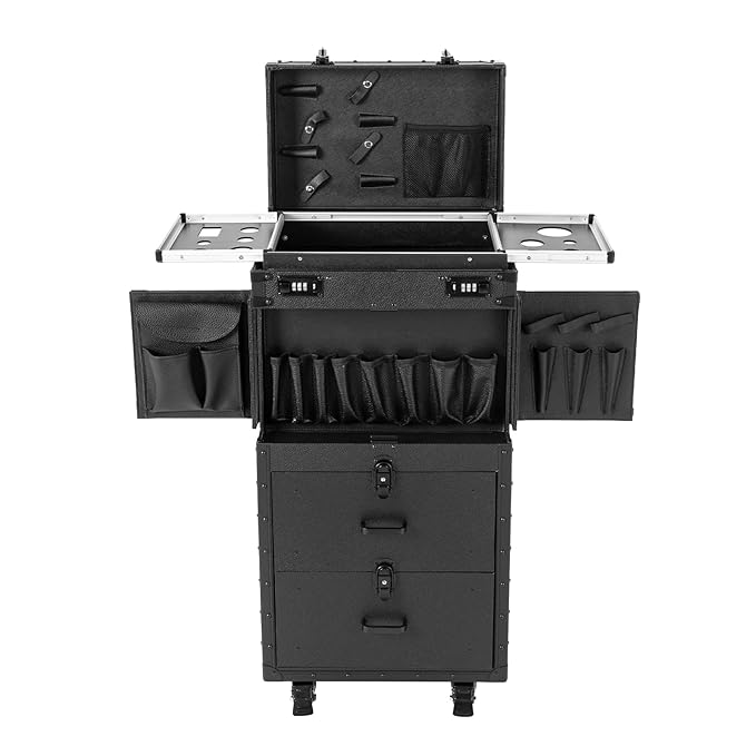 CNCEST Beauty Salon Luggage, Rolling Lockable Hair Stylist Travel Case Hairdressing Trolley Stylist Beauty Salon Cosmetic Luggage Travel Organizer Tool Box with Hair Dryer Holder(All Black)