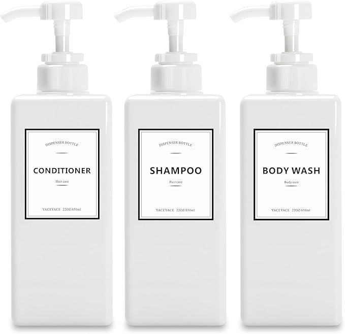 YACEYACE Shower Dispenser Set, 3 White Refillable Bottles, 22oz Large, Shampoo, Conditioner, Body Wash