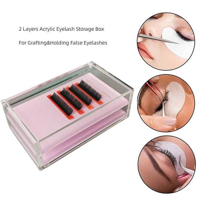 Two Layers Eyelash Grafting Pallet with Cover, Dust-proof Acrylic Lash Tile holder, Eyelash Extensions Storage Gasket Pads 2 Tiers for Beginners Beauty Artist Salon (Pink)