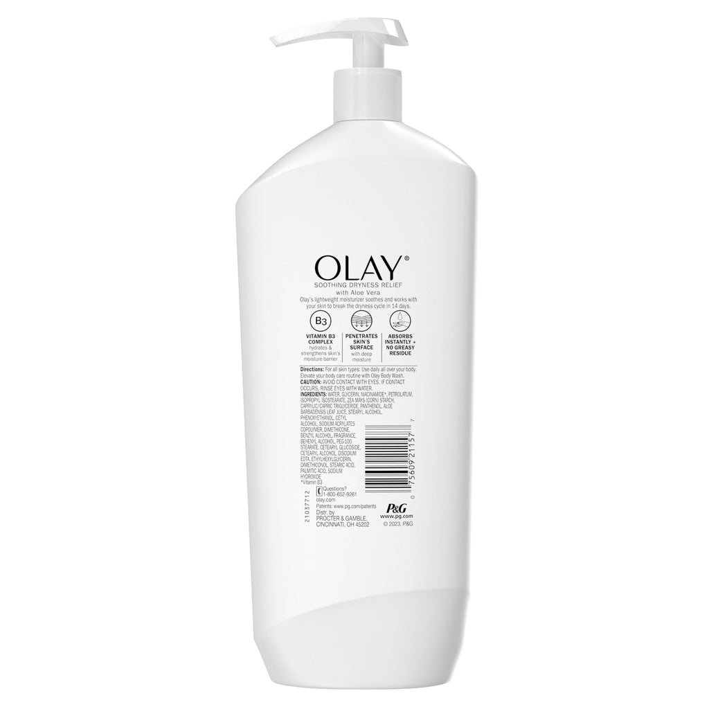 Olay Body Lotion for Women, Soothing Dryness Relief, 24hr Moisturizing & Deep Hydration, Absorbs Instantly, Penetrating Vitamin B3 Complex, For All Skin Types, Aloe Vera Scent, 18 fl oz