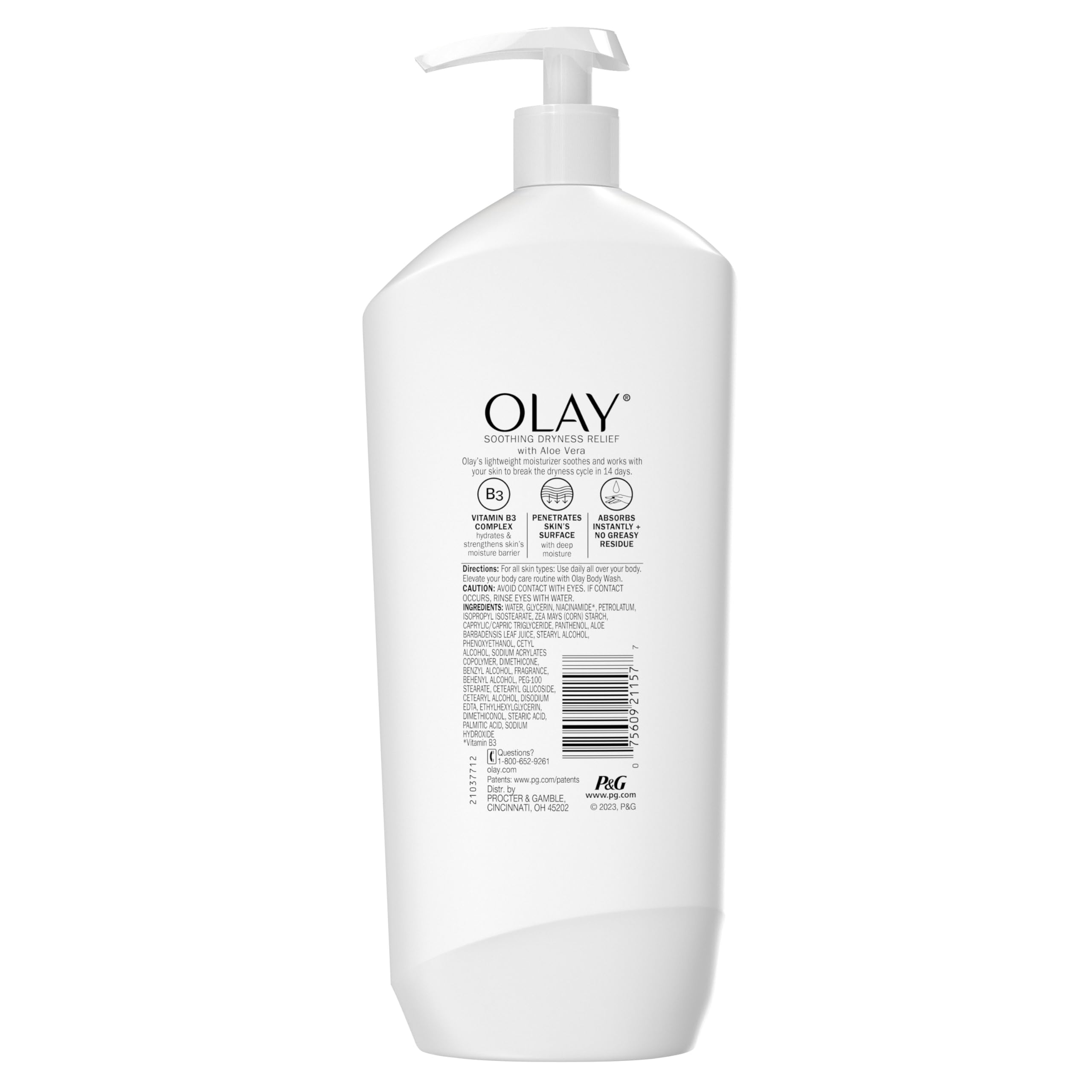 Olay Body Lotion for Women, Soothing Dryness Relief, 24hr Moisturizing & Deep Hydration, Absorbs Instantly, Penetrating Vitamin B3 Complex, For All Skin Types, Aloe Vera Scent, 18 fl oz