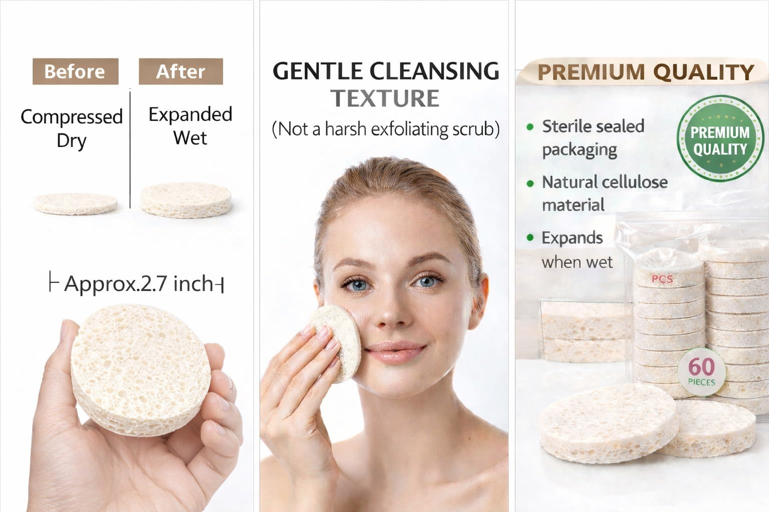 Compressed Facial Sponges 60 Pack – Natural Cellulose Facial Sponge for Cleansing, Makeup Removal, Exfoliating, Face Wash, Esthetician Spa Use (White)