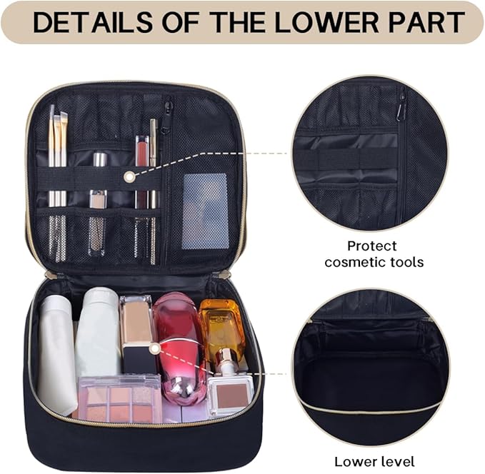 TANPADUAJI Double Layer Makeup Bag Portable Large Cosmetic Case Organizer with Adjustable Dividers Storage Travel Bag for Accessories Brushes Conditioner and Skin Care Products (Black)