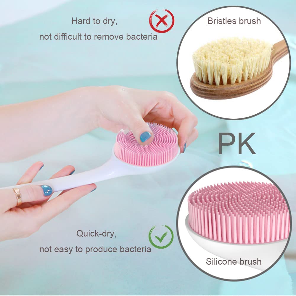 Silicone Back Scrubber for Shower, Back Washer Brush Long Handle with Soft Bristles, Bath Body Shower Exfoliator Brush for Men and Women, BPA Free, Non-Slip