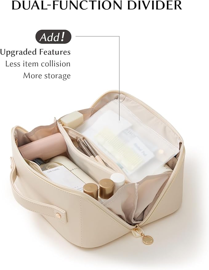 EACHY Travel Makeup Bag, 2.0 Cosmetic Bag for Women, Waterproof PU Leather,Flat Open Portable Toiletry Bag for Skincare, Brushes & Travel Essentials