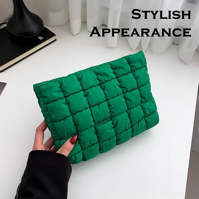 HFLZBRO Puffy Quilted Makeup Bag for Women, Cosmetic Bag, Travel Toiletry Organizer Pouch Clutch (green)