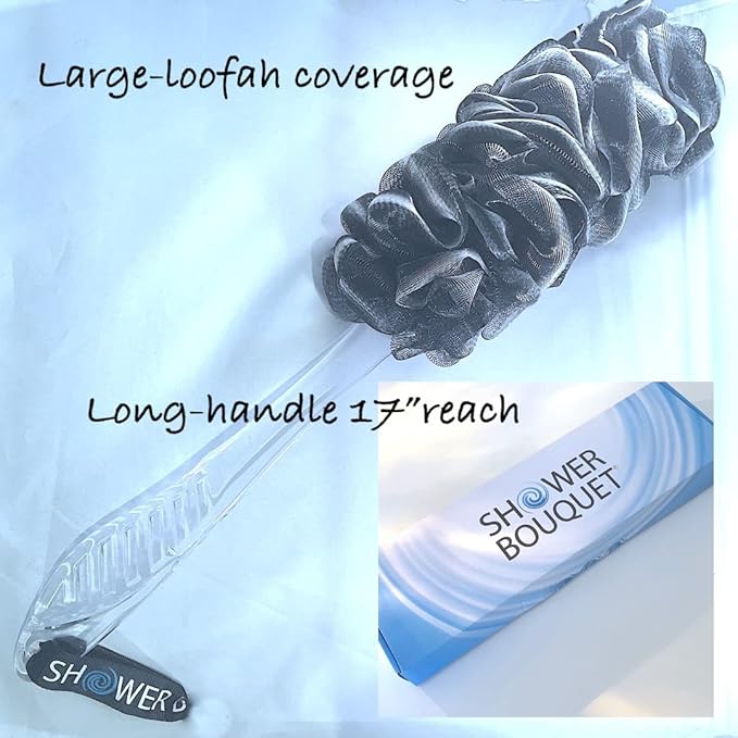 SHOWER BOUQUET Charcoal Back-Loofah-with-Handle & 2 Bath Sponge Puff Set