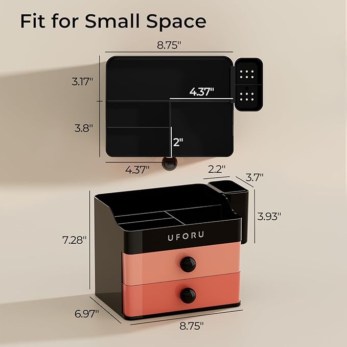 UFORU Makeup Organizer for Vanity with Brush Holder, Countertop Skincare Organizer with 2 Drawers, Spacious Cosmetic Display Case for Perfumes, Eyeshadow Palettes, Nail Polishes