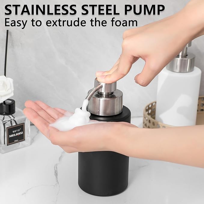 Foaming Soap Dispenser Set, 12 Oz Glass Hand Soap Dispenser with 304 Rust Proof Stainless Steel Pump, Waterproof Labels, for Bathroom Decor Kitchen College Dorm, Black Silver Pump 2 Pack