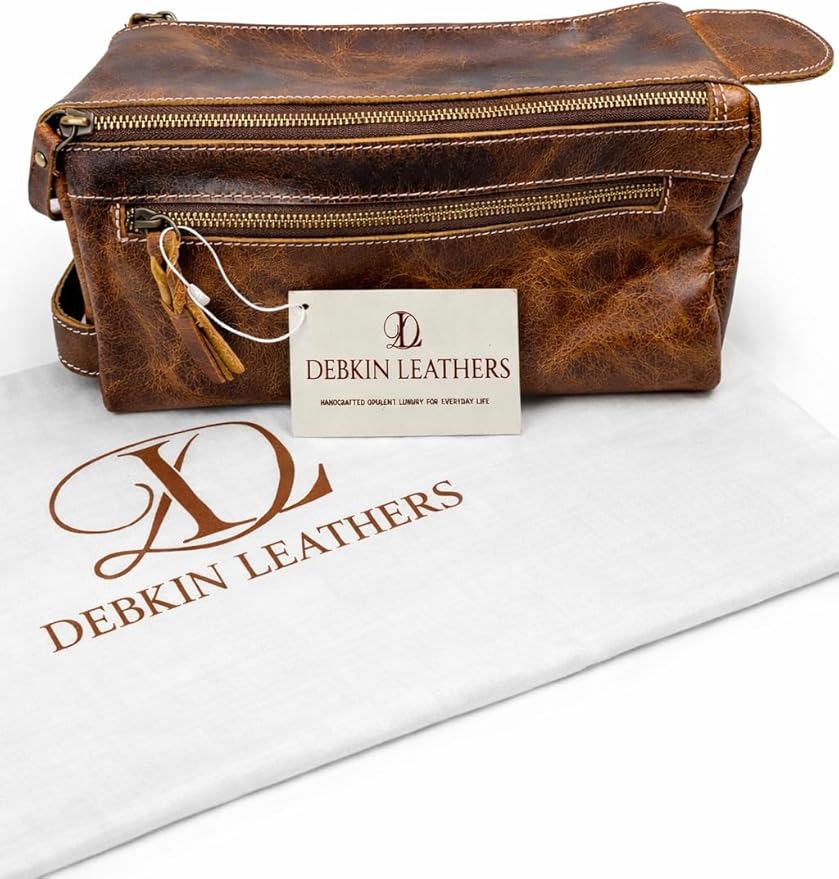 DEBKIN FOCUS Premium Top Grain Buffalo Leather Toiletry Bag for Men & Women – Travel Toiletry Wash Bag, Shaving Grooming Organizer, Water Resistant Lining, Unisex Makeup Travel Pouch