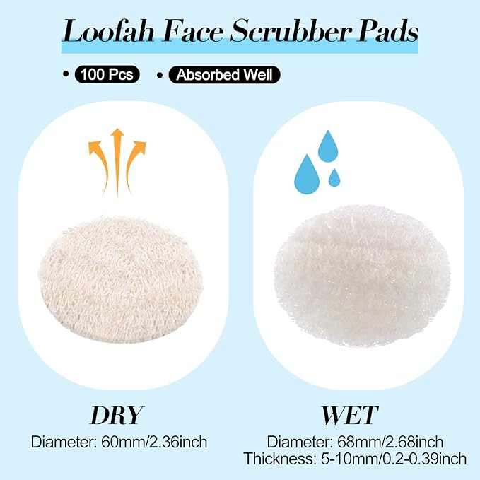 Bokon 100 Pcs Natural Loofah Exfoliating Face Pads 2.36 Inch Round Facial Scrubber Sponges Bulk Cleansing Discs for Face Body Bath Shower Spa Dead Skin Removal for Women Men