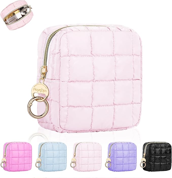 Playexen 4.9" Puffy Small Makeup Bag, Cute Quilted Cosmetic Bag for Purse, Mini Travel Toiletry Organize Pouches for Women, Birthday/Wedding/Christmas Gifts (Pink)