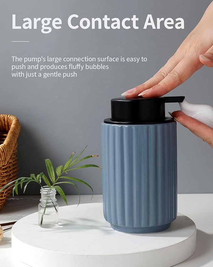 Foaming Soap Dispenser, Ceramic Foam Hand Soap Dispenser with Stripe Design for Kitchen or Bathroom, Refillable Dish Lotion Dispenser, Gray Blue, ANTIS'S HOME