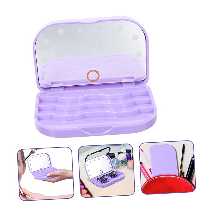Beavorty Portable LED Lash Tray Eyelash Storage Case with Mirror Lightweight False Eyelash Holder for Travel and Professional Use Compact Purple Box Organizer