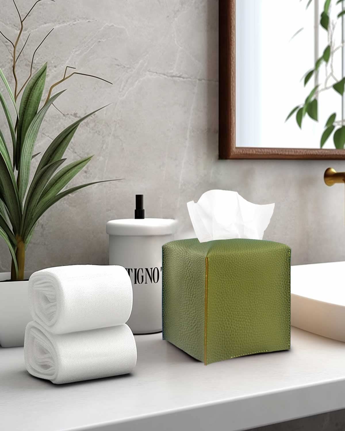 Green Tissue Box Cover Square – with Bottom Belt [JESMINI, ] PU Leather Green Tissue Box Holder Decorative for Bathroom Vanity Countertop/Night Stands/Office Desk, 5x5x5