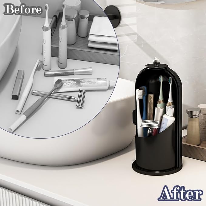 Zufudo Toothbrush and Toothpaste Holders with Cover, Solid Black