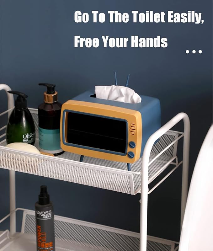 Fun Cute TV Tissue Box Holder,Multi Functional Square Tissue Box Cell Phone Holder for All Smartphone Toilet Paper Napkin Box Desktop Decoration for Room Bathroom Kitchen Dining (Blue)