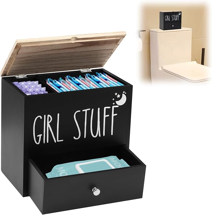 Tampon Holder for Bathroom, Feminine Product Organizer Pad Case with Lid, Pad and Tampon Organizer, Bathroom Accessories Box for Girl Stuff (Black with Drawers)