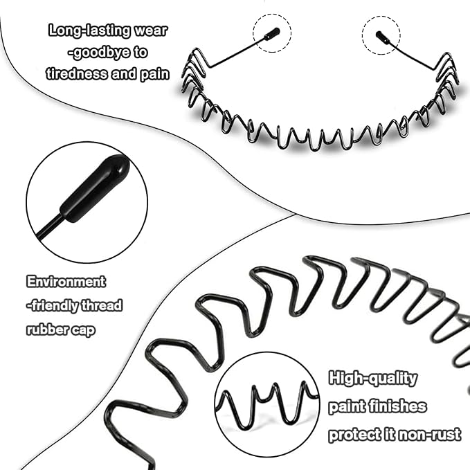 Metal HairBand for Men, Unisex Wavy Spring Hair Band, Black Zig Zag Headband, Fashion Elastic Hair Accessories Perfect for Outdoor Sports and Daily Use (8 Pack)