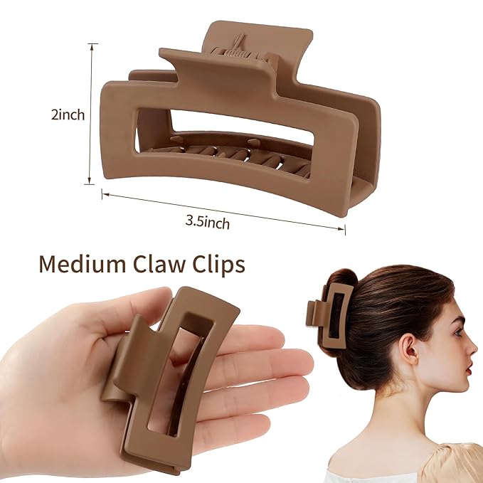 Sisiaipu 3.5 Inch Medium Hair Claw Clips 6 Pack Hair Clips for Women Square Rectangle Claw for Hair Banana Jaw Clips Hair Accessories for Girls -Coffee Brown