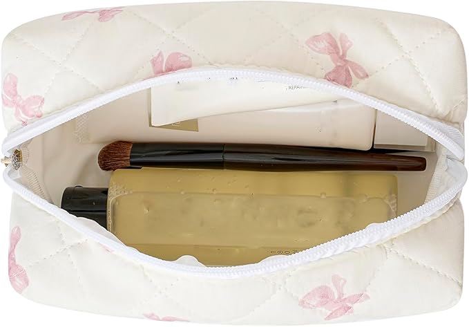 HHQQWZ Makeup Bag Travel Cosmetic Bag for Women Girls, Zipper Make Up Pouch, Floral Flowers Toiletry Organizer Makeup, Portable Storage Bag, Cosmetic Travel Cloth Bag (Pink Bow Tie)