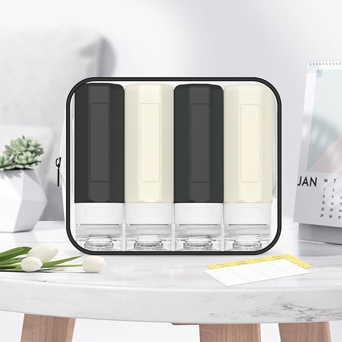 Redfly Travel Bottles for Toiletries, Tsa Approved 3oz Travel Size Containers, Leak Proof Travel Size Toiletries Bottles Silicone, BPA Free Refillable Shampoo Conditioners Essentials Kit, Black&White