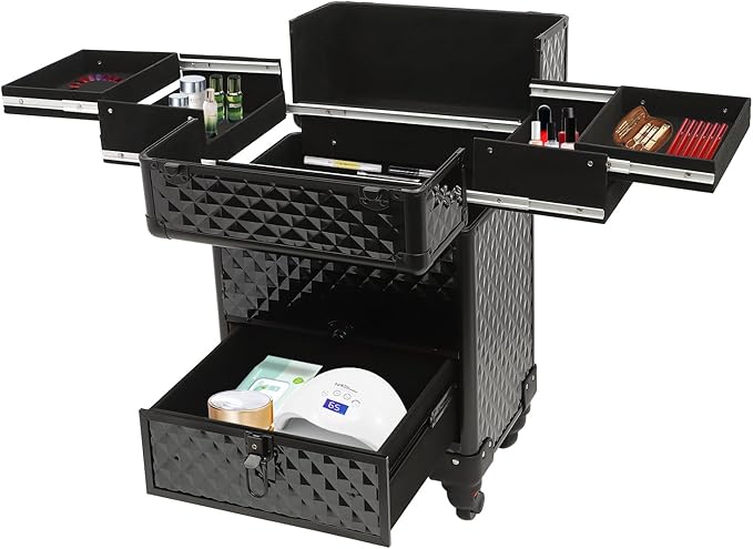GUEYYSAN Rolling Makeup Case, Nail Storage Box with Wheels Portable Makeup Trolley for Beauty Studio Hairdressers Nail Technician (Black)