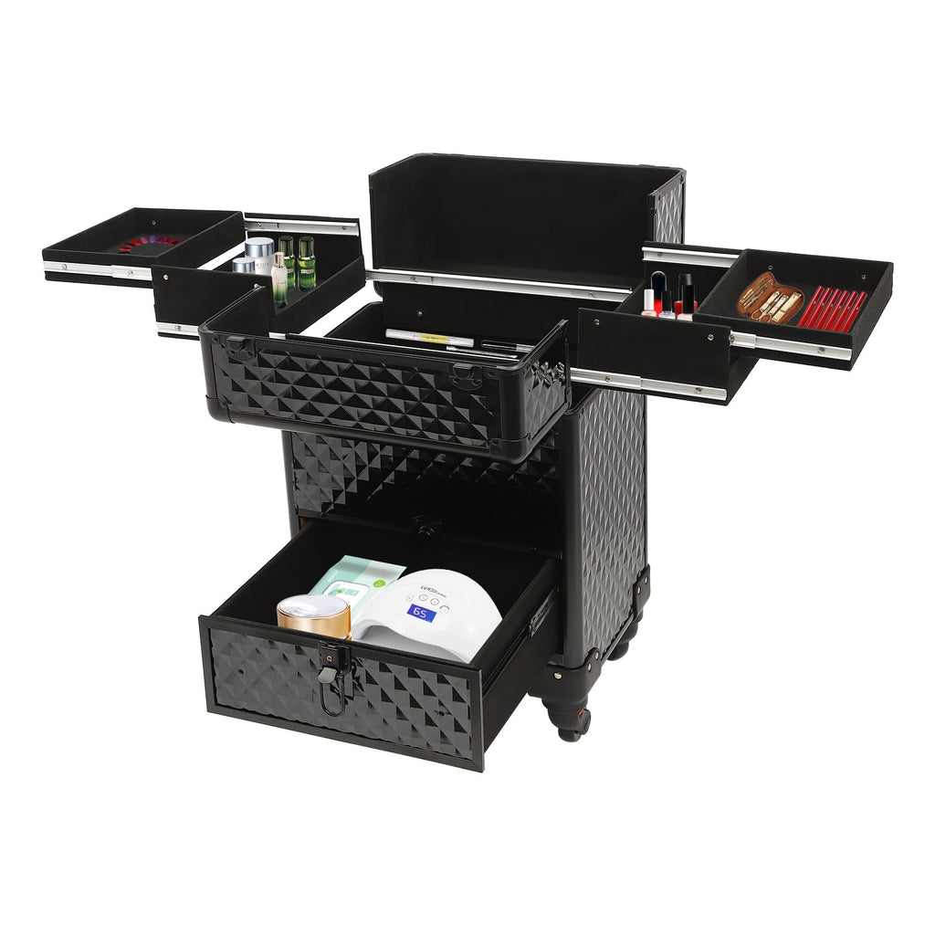 GUEYYSAN Rolling Makeup Case, Nail Storage Box with Wheels Portable Makeup Trolley for Beauty Studio Hairdressers Nail Technician (Black)