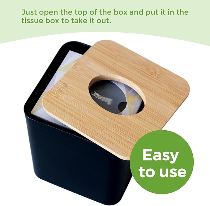 2 Pack Tissue Box Cover Square, Black Facial Tissue Holder with Bamboo Lid