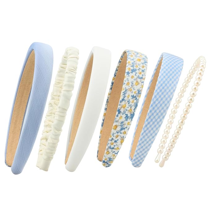 DOXISHRUKY Fashion Headbands Set, 6pcs Pearl Floral Padded Wide Vintage Headbands for Women and Girls (Blue)
