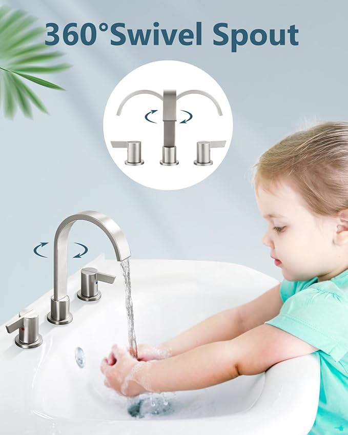 Aolemi Bathroom Faucets 3 Hole,8 Inch Widespread Waterfall Bathroom Sink Faucet,2 Handles Vanity Faucet with Pop-up Drain and Supply Hose,Brushed Nickel