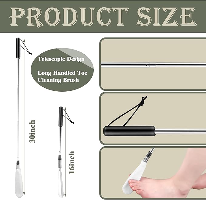 Toe Cleaning Brush Lotion Applicator for Feet with 6 Reusable Drying Covers Foot Cleaner with Telescopic Stainless Steel 16-30 Inch Handle Toe Scrubber for Seniors Elderly Disabled Men Women