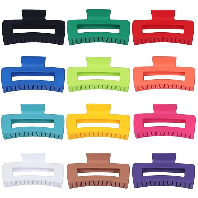 Sisiaipu 4.1 Inch Jumbo Claw Clips for Thick Hair - 12 Pcs Square Hair Accessories for Women and Girls - Dopamine