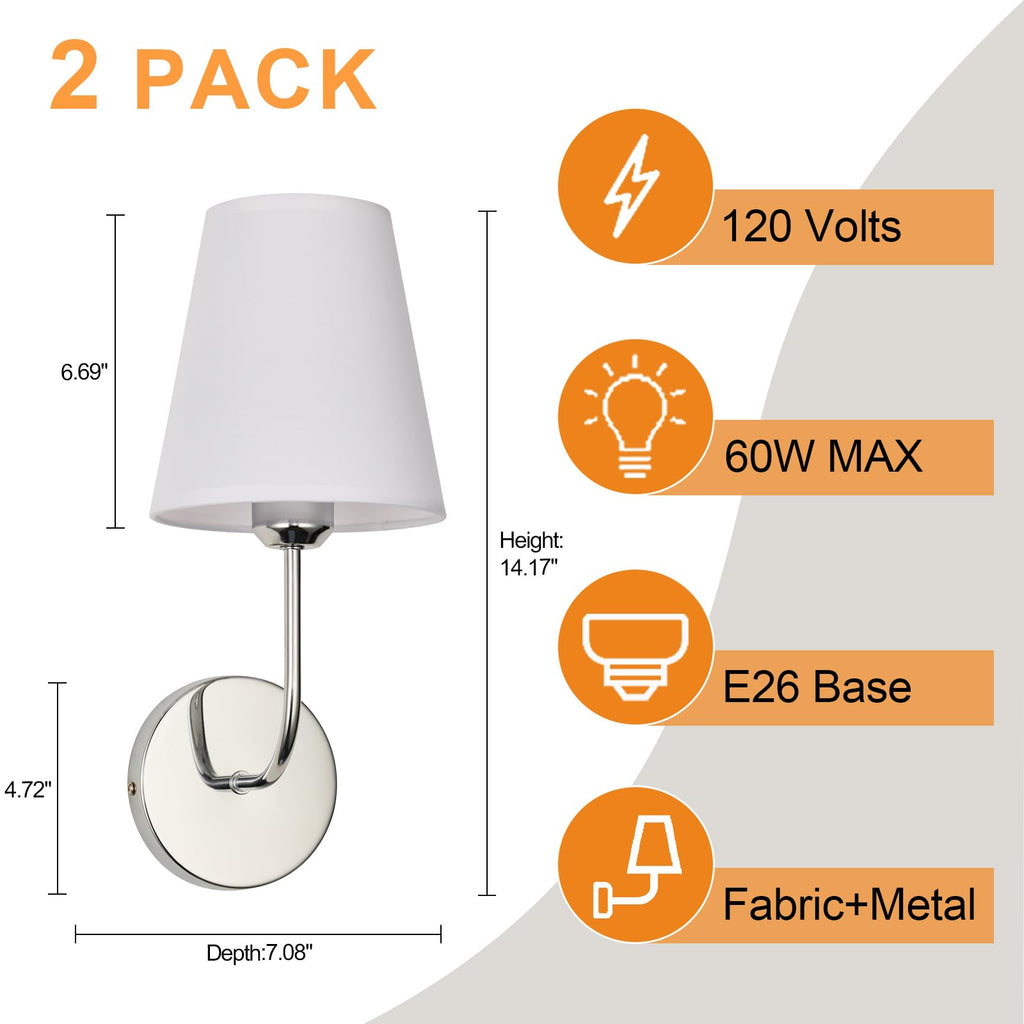 LEECOORA Modern Hardwired Wall Sconces, Set of 2 in Chrome with White Fabric Shades,Farmhouse Light, Living Room, Hallway, Bathroom, Vanity, or Staircase. Sleek, Versatile Lighting