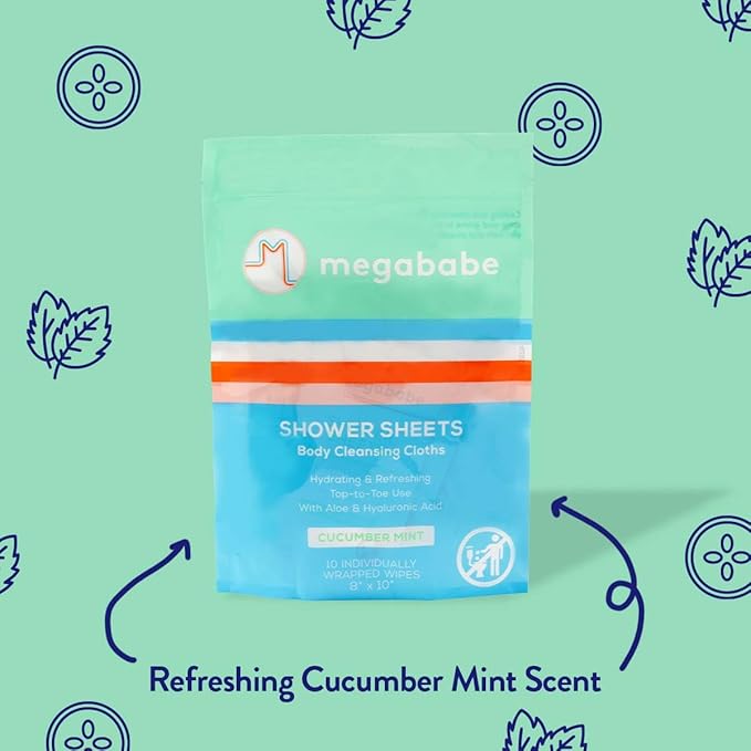 Megababe Cucumber Mint Shower Sheets, Oversized Wipes, 10 Wipes (Pack of 1)