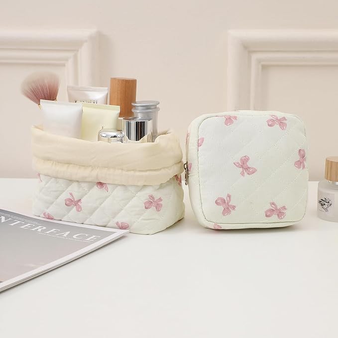RSRSLEII Small Quilted Cosmetic Pouch for Purse, Mini Cotton Makeup Bag with Compartments, Cute Zipper Lipstick Holder for Women (03White Bow)