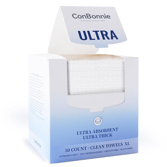 Conbonnie Clean Face Towels XL, Thickened Design, 10"×12" Biobased Facial Towels, Disposable Face Towelette, Makeup Remover Dry Wipes for Skin Care, Clean Skin, 50 Count (1 Pack)