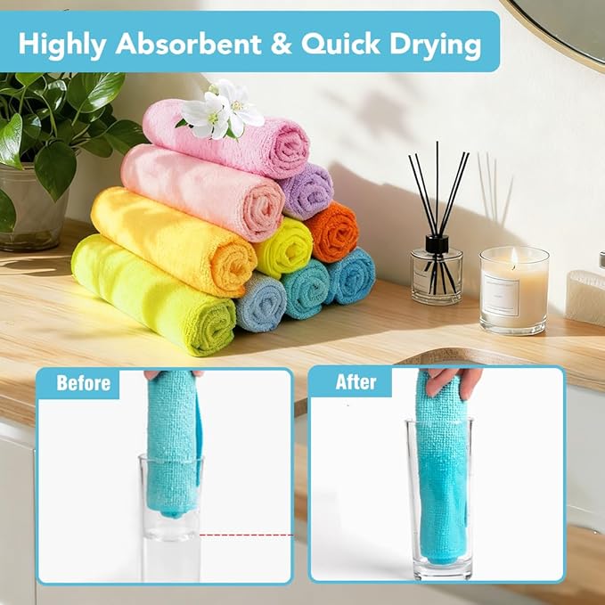 Orighty Washcloths, 20 Pack Microfiber Face Towels, Highly Absorbent and Soft Feel Wash Cloths & Hand Towels for Bathroom, Hotel, Spa, and Gym, 11.5x11.5 Inch, Multicolor