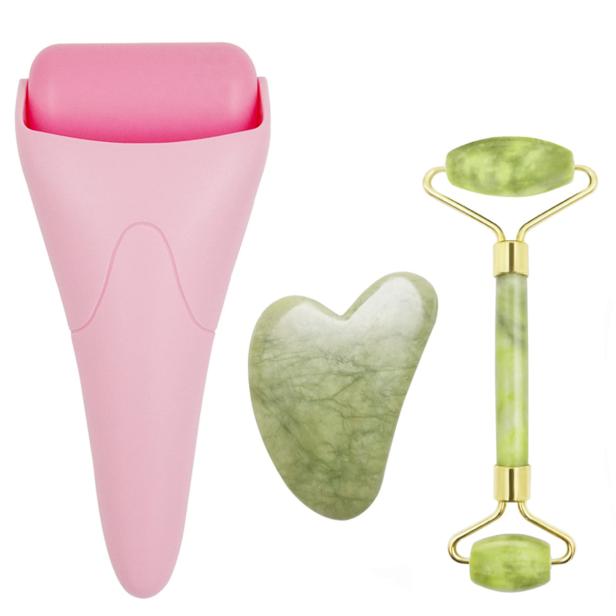 Chikoni 3 in 1 Ficial Face Ice Jade Roller and Gua Sha Tool, Natural Real Jade Anti-Wrinkle Face Eye Neck Massager Tool, Reduce Wrinkles, Puffiness, Migraine, Redness, Pain and Injury, Green