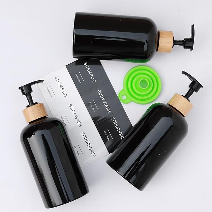Shampoo and Conditioner Dispenser, Refillable Plastic Shampoo Pump Bottles with Waterproof Labels, Empty Body Wash Dispenser Set for Bathroom, Shower Soap Bottles (Black, Set of 3, 16.9oz)