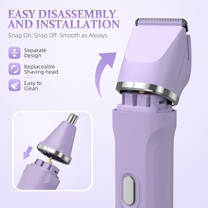 HOHOLE 5-in-1 Bikini Trimmer for Women, IPX7 Waterproof Electric Razors Shaver, Cordless Body Hair Trimmer, Facial & Pubic Hair Removal, Ceramic Blade (Purple)