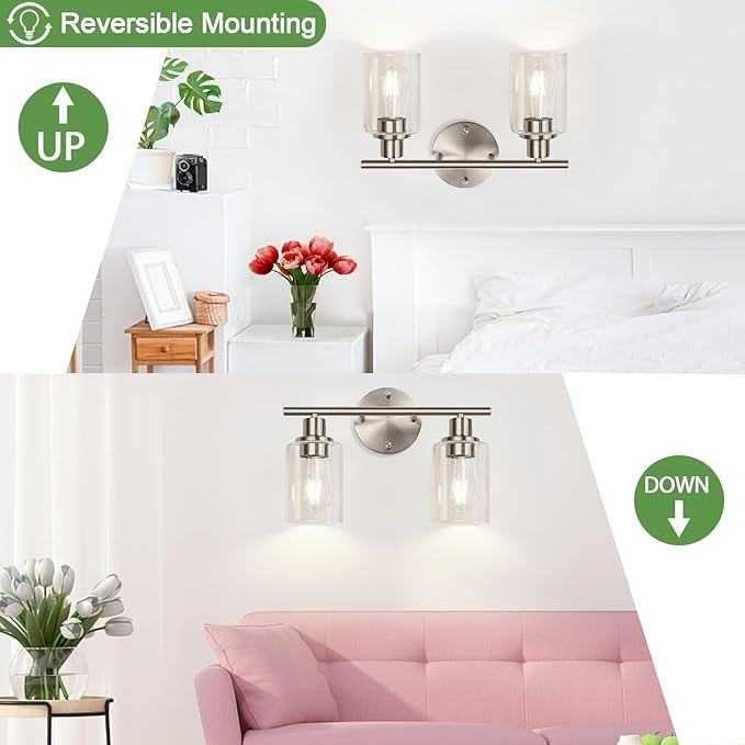 Zarbitta 2-Light Bathroom Light Fixtures, Brushed Nickel Vanity Light, Modern Vanity Lights with Clear Glass Shade, Bathroom Wall Lamp for Mirror Kitchen Living Room Hallway Cabinet Porch