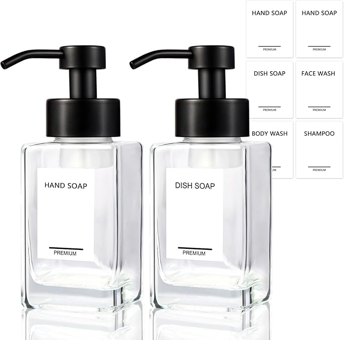 PLOUTA HOME Foaming Soap Dispenser 2 Pack, 12oz/350ml Glass Foaming Hand Soap Dispenser Set with Stainless Steel Pump, Square Refillable Foam Pump Bottles for Bathroom&Kitchen,Includes 6 Labels